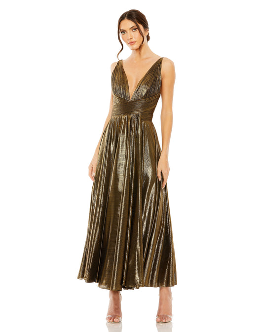 Pleated Metallic Formal Tea Length Prom Dress Metallic Pleated Tea Length Mac Duggal 30761