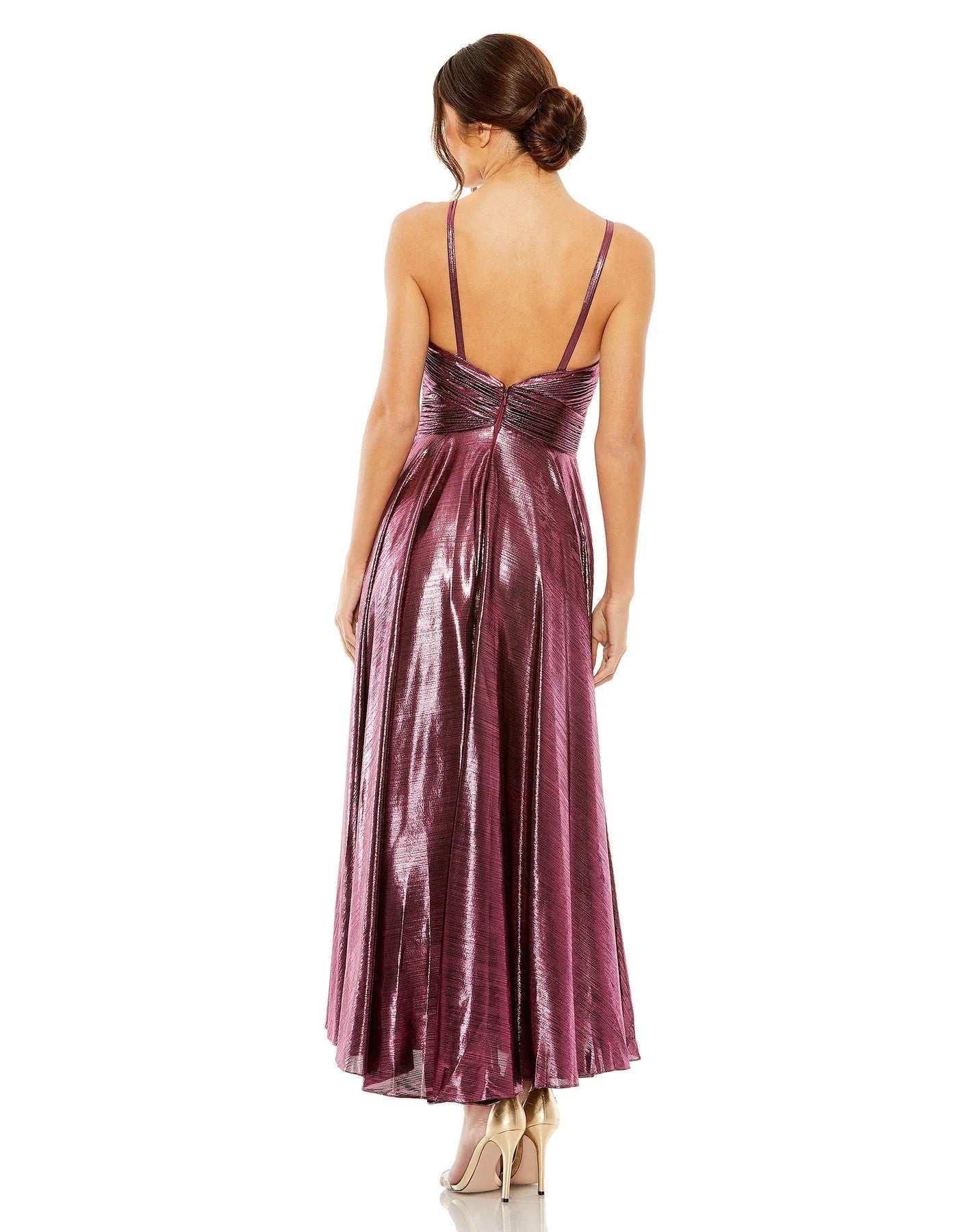 Pleated Metallic Formal Tea Length Prom Dress Metallic Pleated Tea Length Mac Duggal 30761