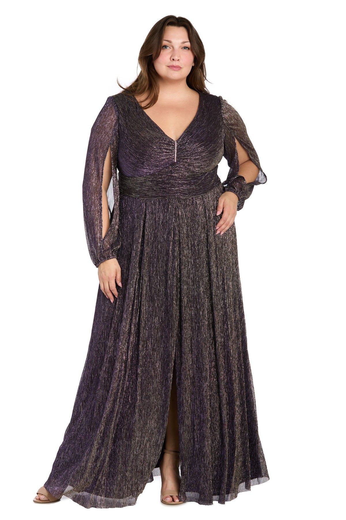Plus Size Long Sleeve Metallic Dress Formal R&M Richards 3228W