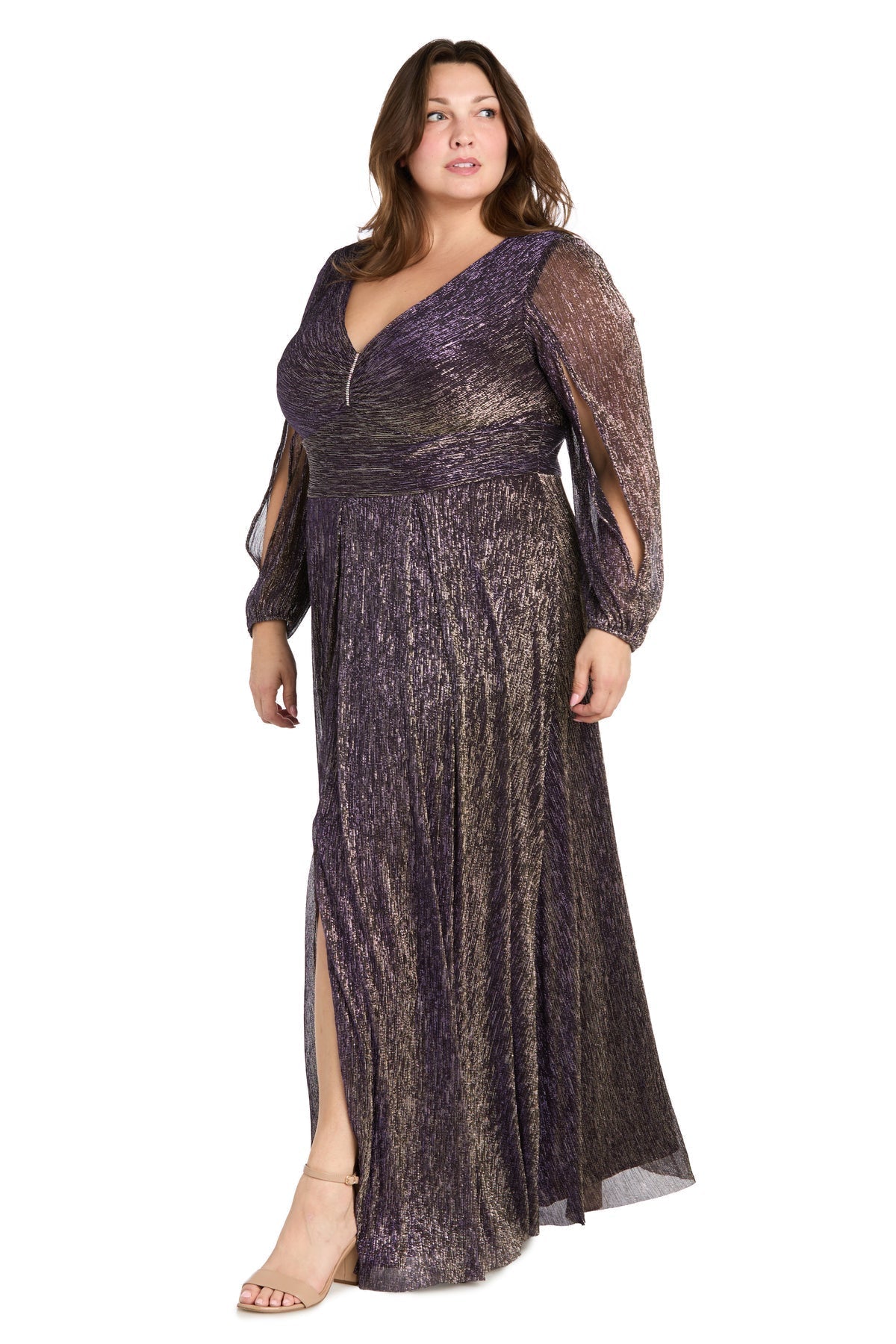 Plus Size Long Sleeve Metallic Dress Formal R&M Richards 3228W