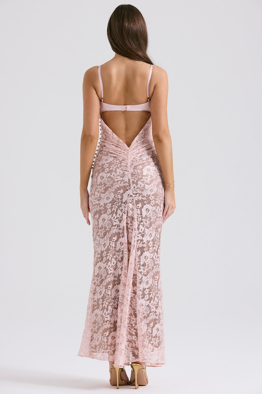rose pink lace godet gown