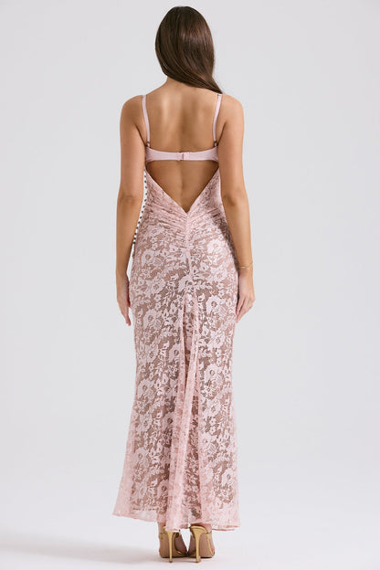 rose pink lace godet gown