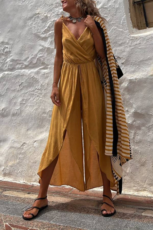 V-Neck Backless Split-Leg Jumpsuit
