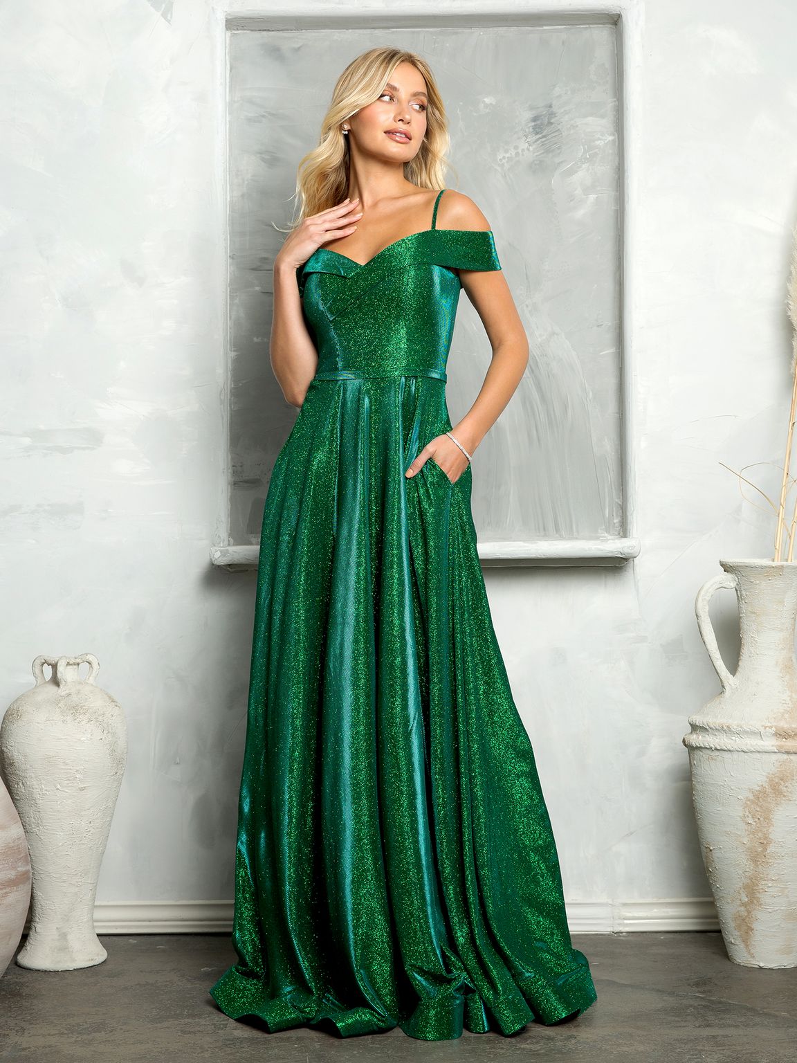 Long Formal Off Shoulder Glitter Ball Gown