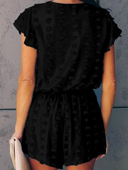 V-neck Dot Texture Pocket Romper