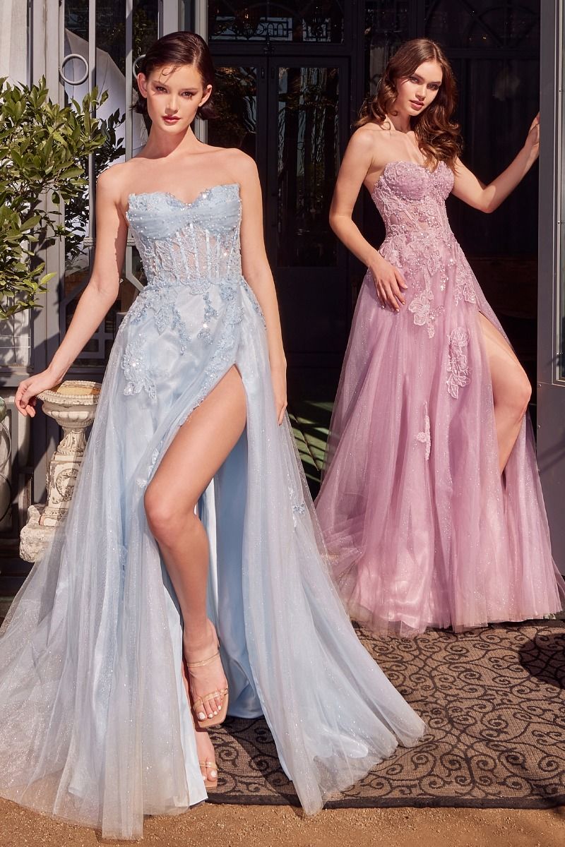 A1378 - STRAPLESS LAYERED TULLE BALL GOWN - LIGHT BLUE - Andrea & Leo