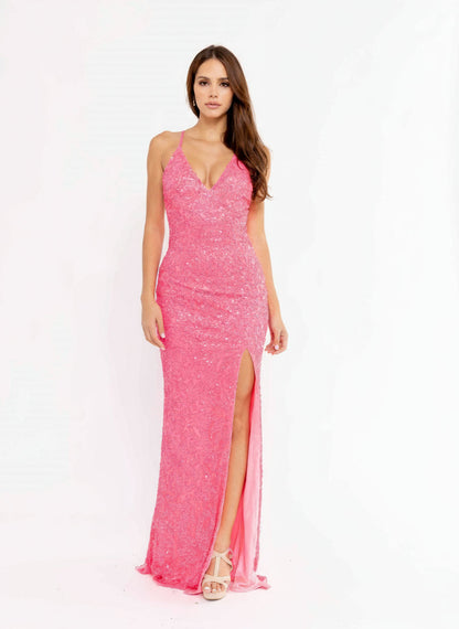 Primavera Couture 3938 Long Fitted Sequined Slit Prom Dress