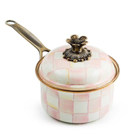 Mackenzie-Childs Rosy Check Enamel 1 Qt. Saucepan