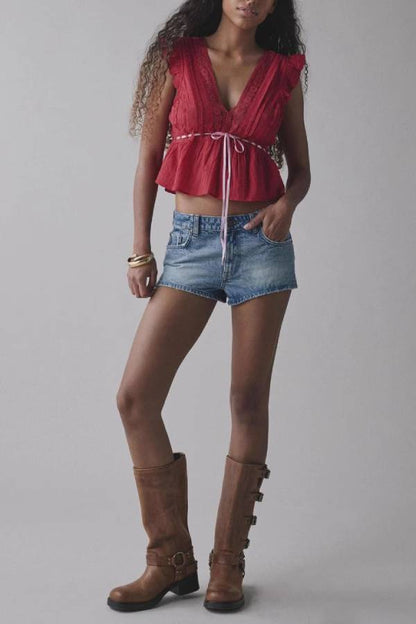 V-Neck Lace Ruffled Tie-Waist Crop Top