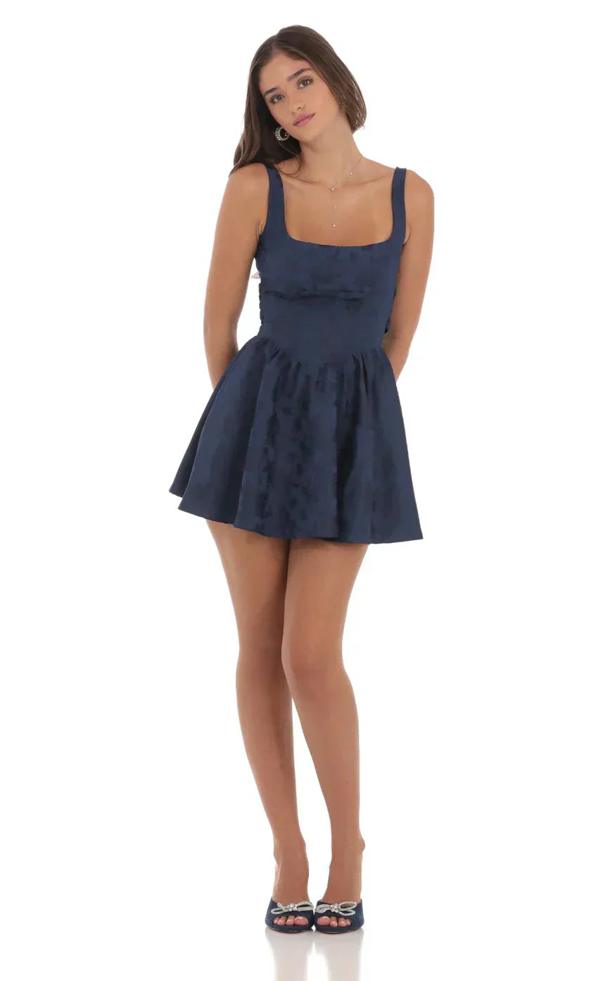 Floral Jacquard Open Back Bow Dress in Navy