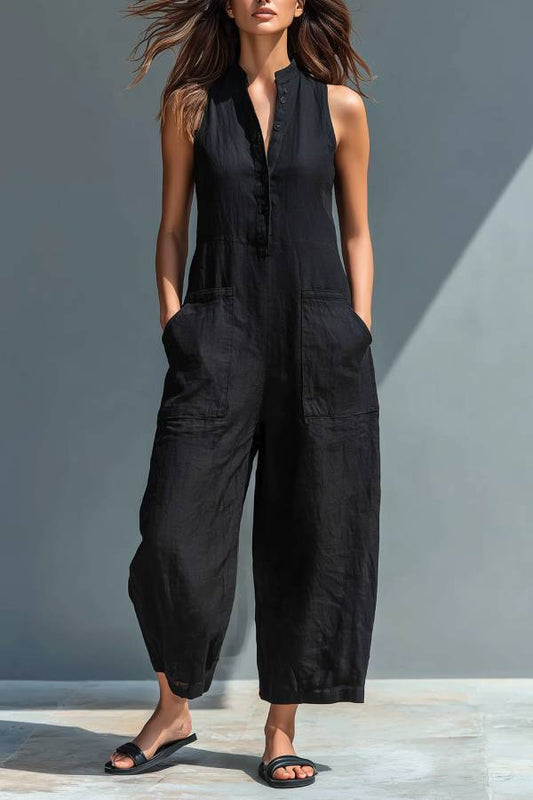 Black Minimalist Faux Linen Button-down Collar Sleeveless Loose-fitting Jumpsuit