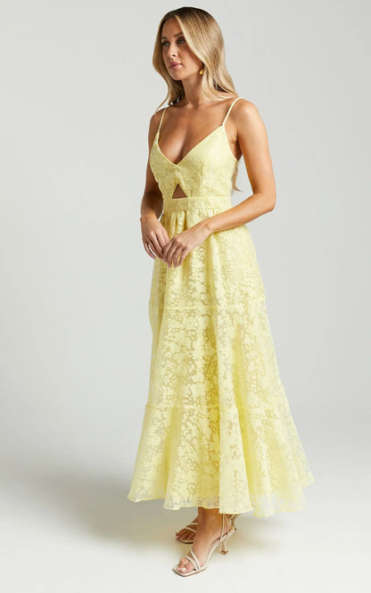 Jorie Midi Dress - Strappy Front Cut Out Tiered Skirt in Pastel Yellow
