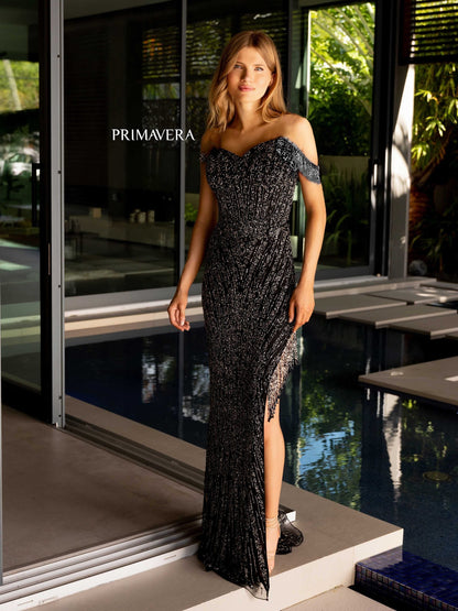 Long Fitted Prom Beaded Fringes Formal Dress by Primavera Couture 4127