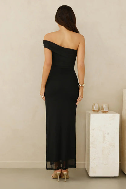 Berry Fresh Mesh One Shoulder Maxi Dress