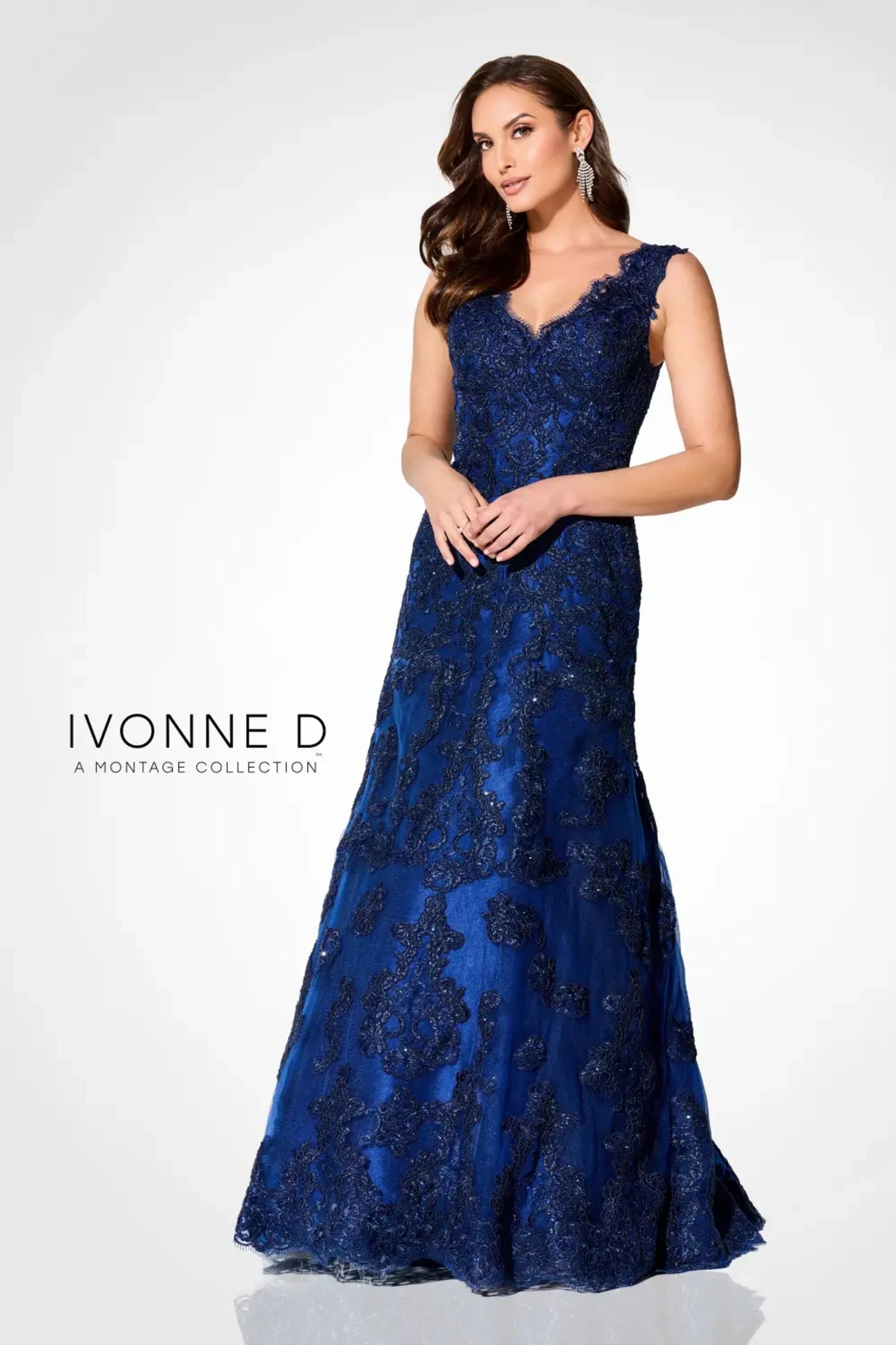 Ivonne D ID923 Long Formal Metallic Lace Applique Evening Gown