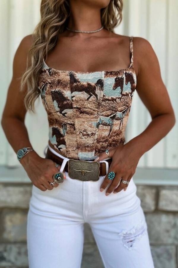 Western Horse Print Square Neck Corset Cami Top