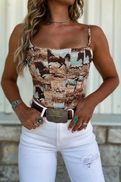 Western Horse Print Square Neck Corset Cami Top