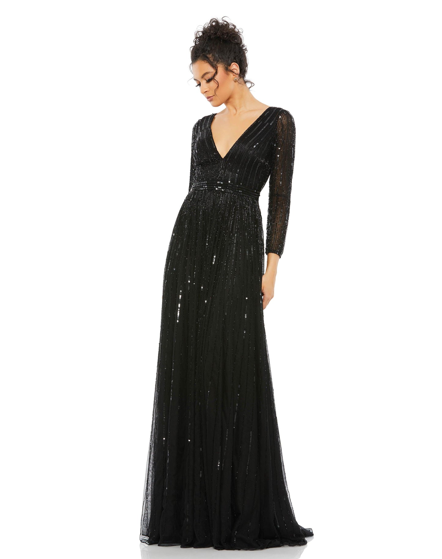 Long Sleeve Sequins A Line Evening Dress Sequined Detail Mac Duggal 4977