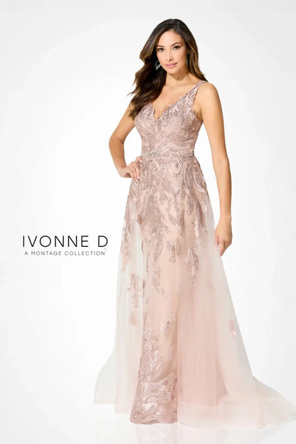 Ivonne D ID924 Long A Line Formal Beaded Applique Overskirt Dress