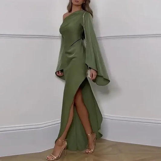 Liviana – Long dress with asymmetrical neck and elegant slit