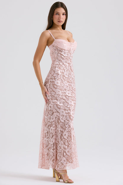 rose pink lace godet gown