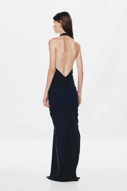 Misha Venus Gathered Cupro Dress - Black