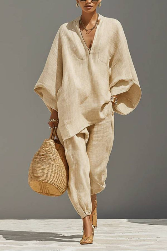 Light Khaki Minimalist Asymmetrical Hem Top And Jogger Pants Suit