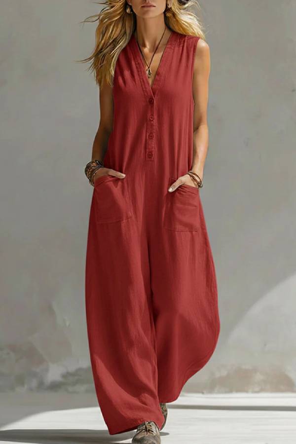 V-Neck Sleeveless Button Front Pocket Wide-Leg Jumpsuit