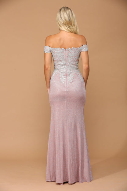 Long Off Shoulder Formal Metallic Prom Dress