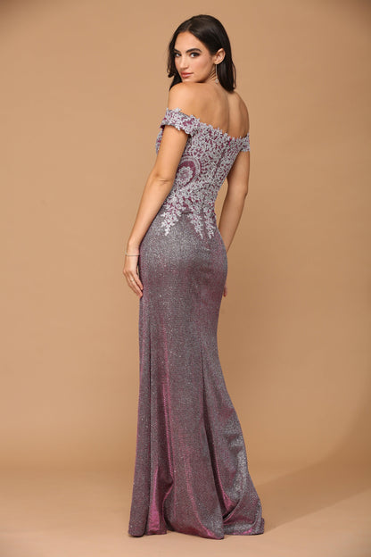 Long Off Shoulder Formal Metallic Prom Dress