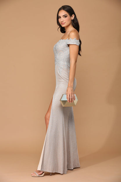 Long Off Shoulder Formal Metallic Prom Dress