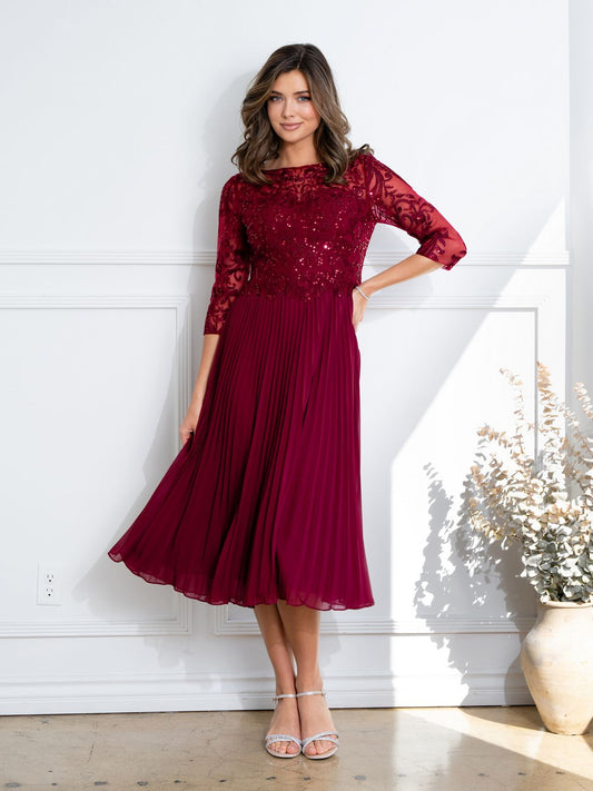 Eva Fashion 5285 Short Pleated Lace Mother of the Bride Midi Dress