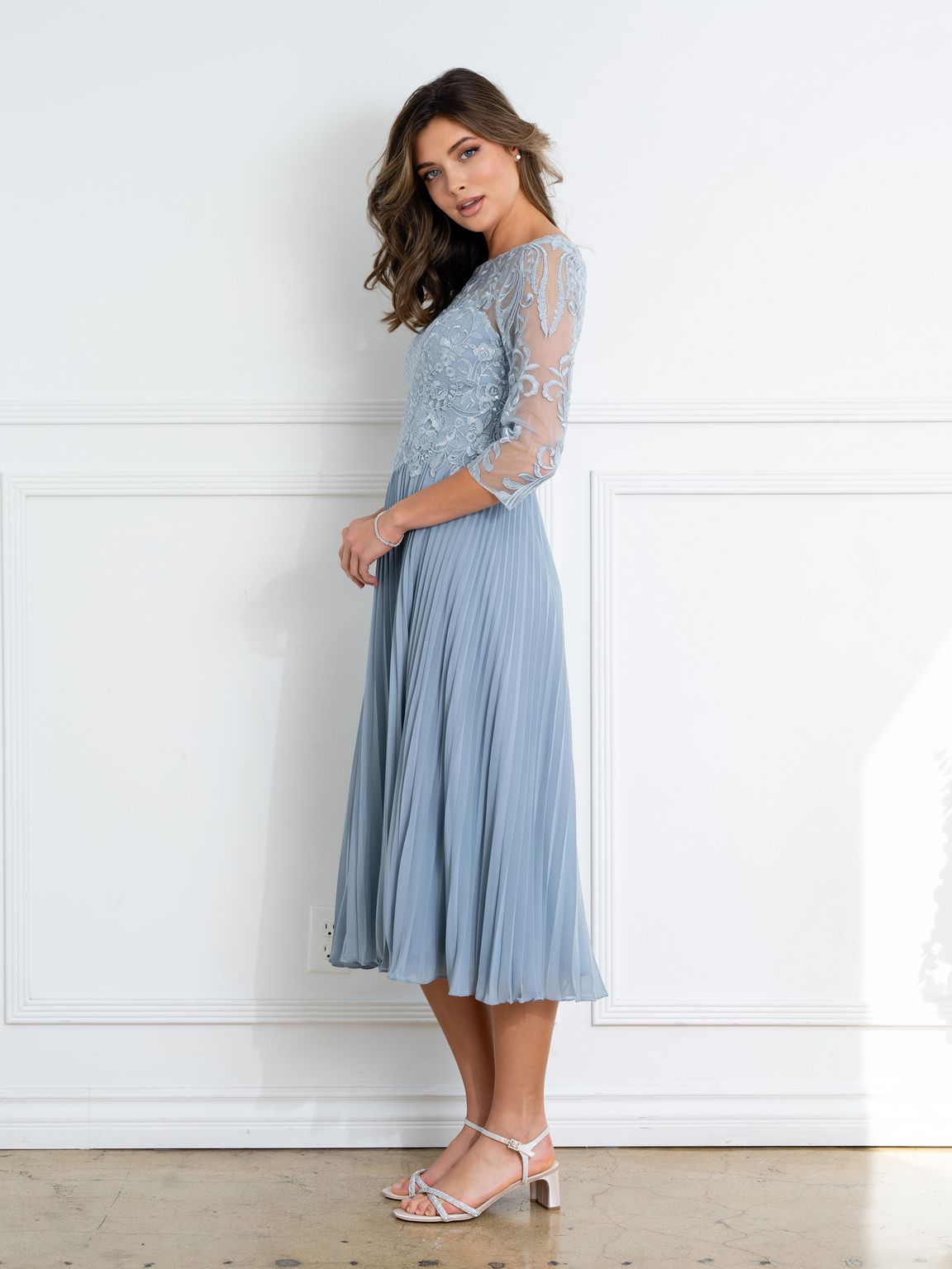 Eva Fashion 5285 Short Pleated Lace Mother of the Bride Midi Dress