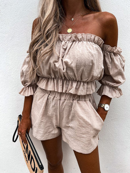Unique Summer Off Shoulder Linen Shorts Suit