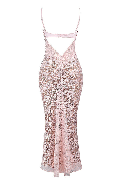 rose pink lace godet gown
