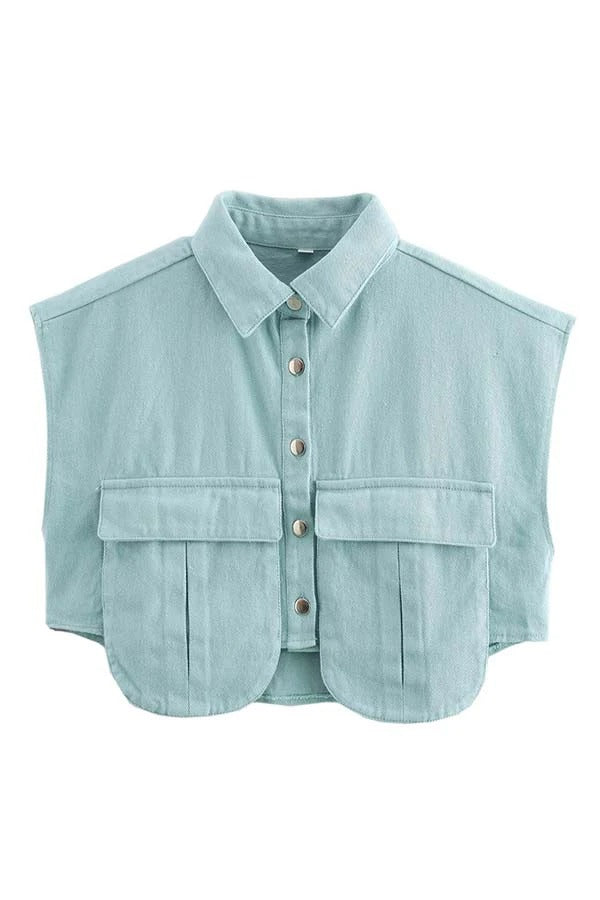Stylish Weekend Denim Button Up Cape Sleeve Pocket Crop Top
