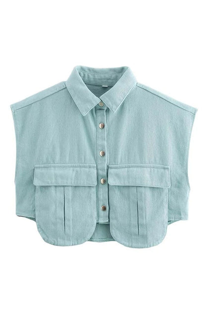 Stylish Weekend Denim Button Up Cape Sleeve Pocket Crop Top