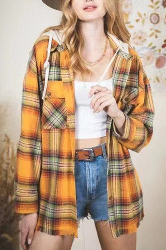 Stylish Hooded Plaid Shirt Frayed Coat
