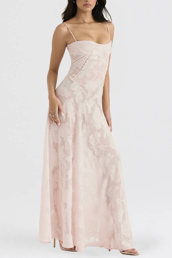 Spaghetti Strap Jacquard Lace Waist-Cinched Tie Maxi Dress