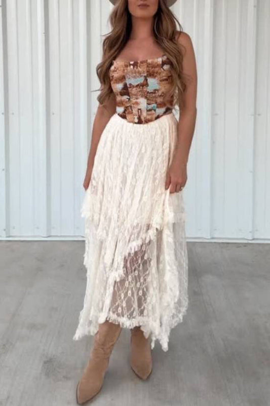Off-White Lace Irregular Ruffle Tiered Maxi Skirt