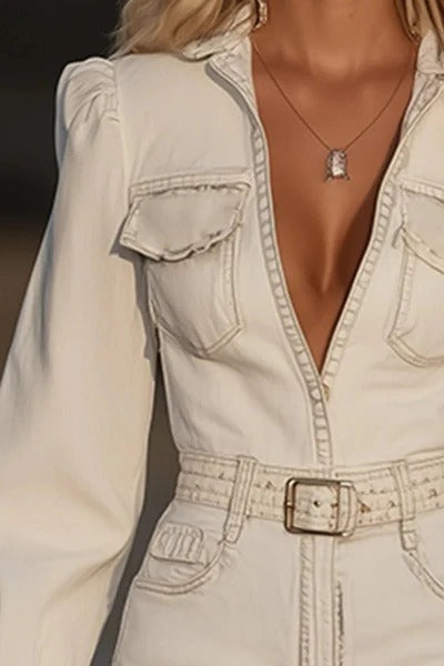 Stylish Long-sleeved Fitted Waist Fringed Hem Denim-style Mini Dress