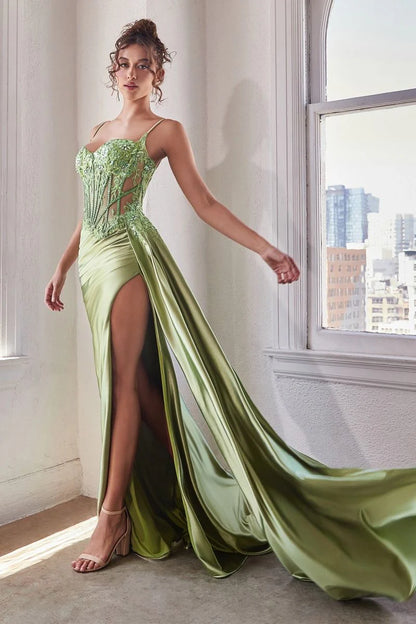 Teagan Gown - Greenery - Fitted Satin & Lace Dress