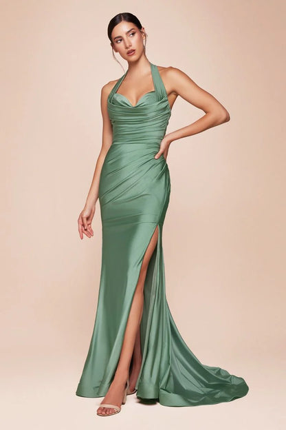 Autumn Gown - Stretch Spandex Satin Halter Fitted Dress