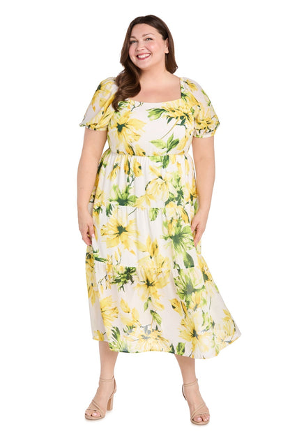 Plus Size Printed Cocktail Dress Midi Length R&M Richards 6672W