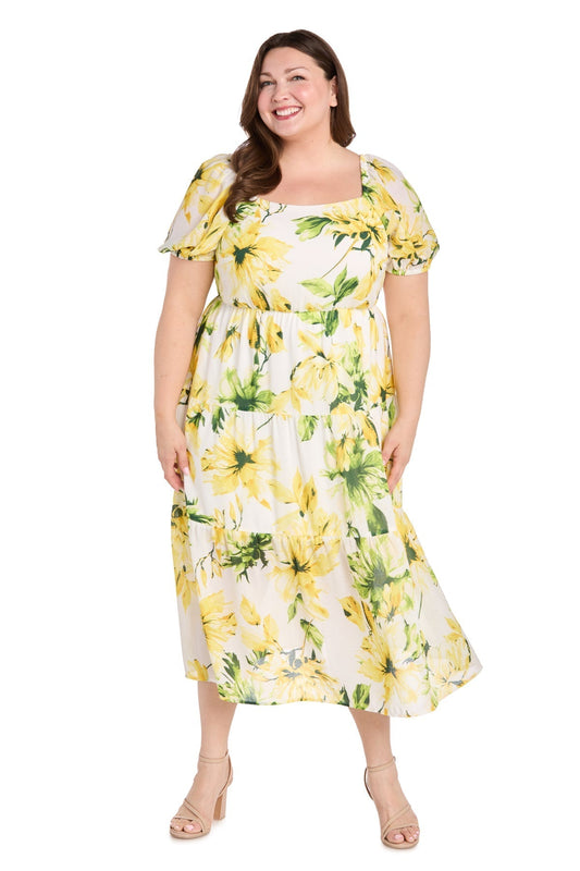 Plus Size Printed Cocktail Dress Midi Length R&M Richards 6672W