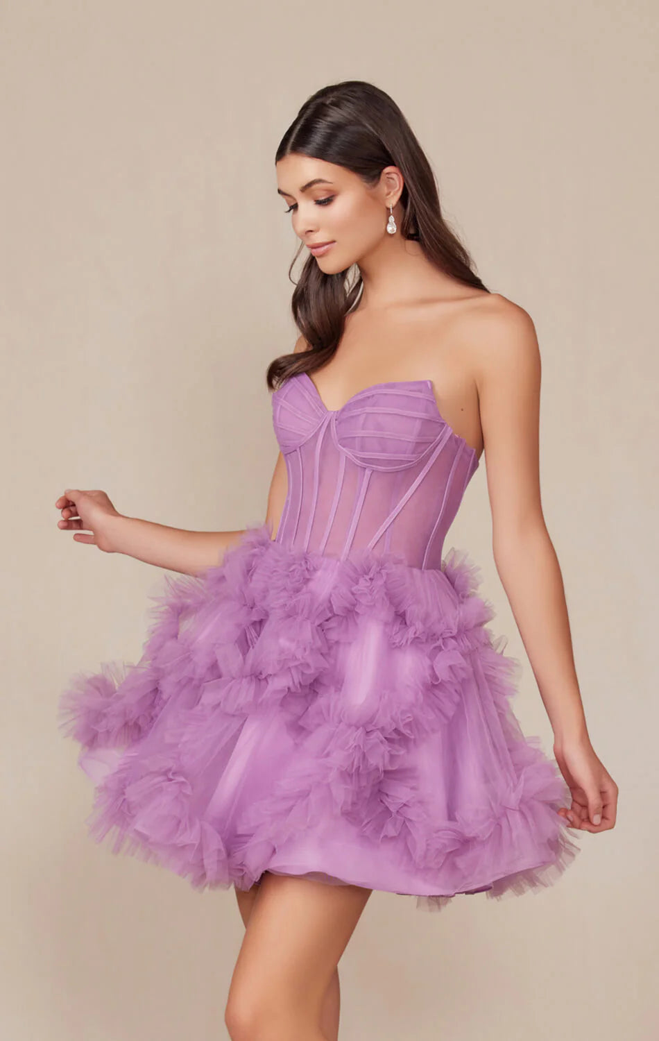 YVONNE RUFFLE SKIRT MINI DRESS - DUSTY LAVENDER