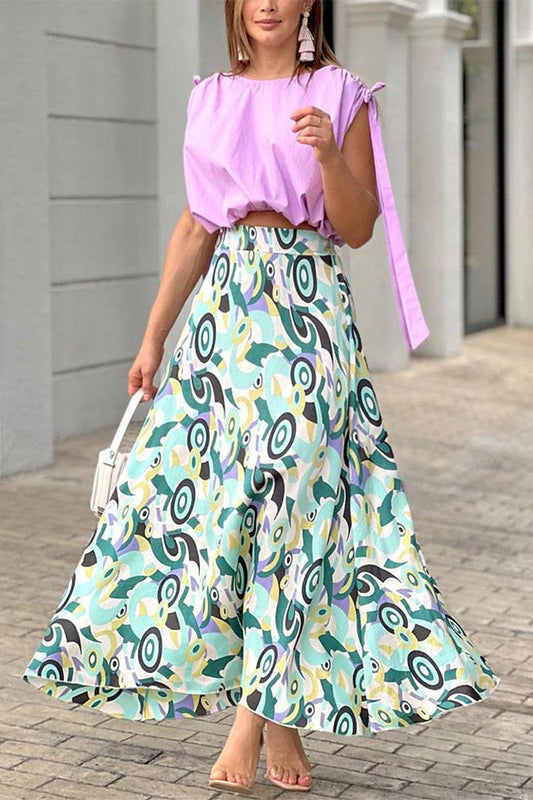 Taro Purple Short Top Printed Skirt Suit
