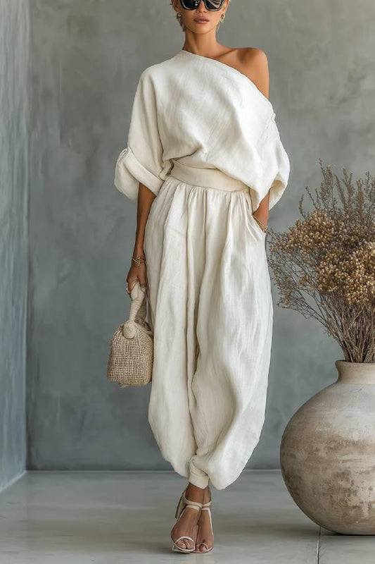 Off-white Linen Off-shoulder Loose Casual Top And Tapered Pants Set
