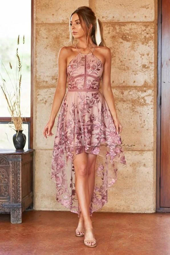 Jennifer Dress - Embroidered Floral High-Low Hemline