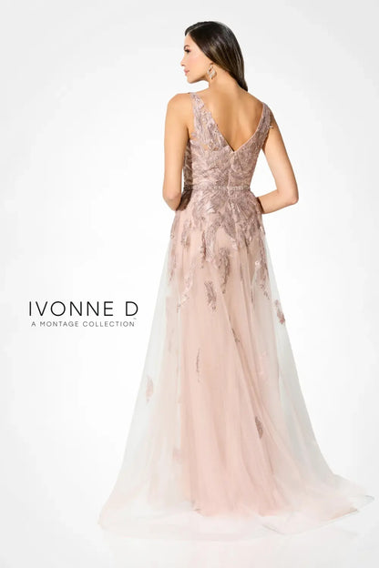 Ivonne D ID924 Long A Line Formal Beaded Applique Overskirt Dress